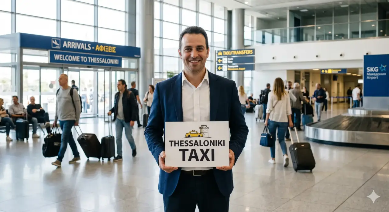 Professional driver with name board at Thessaloniki Airport arrivals